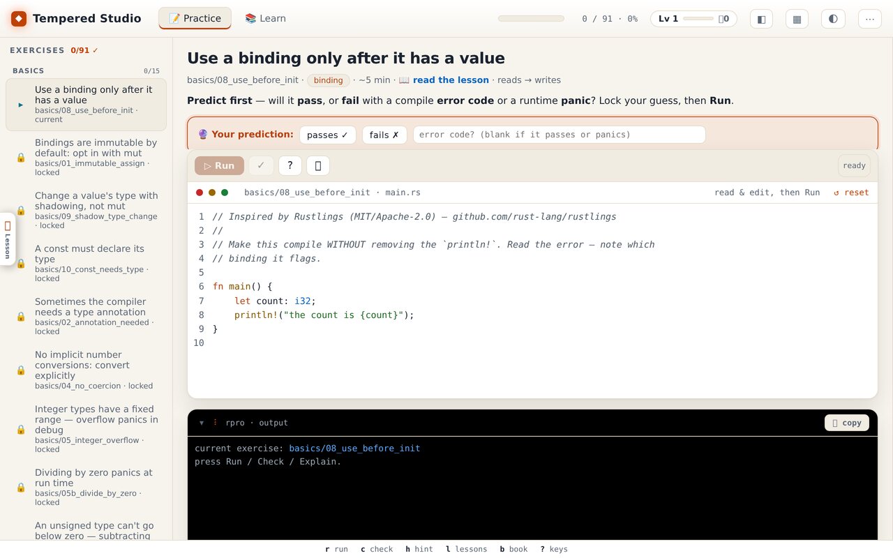 The Tempered Studio practice screen: a deliberately broken Rust program, a prompt asking the learner to predict whether it will compile, and later exercises locked